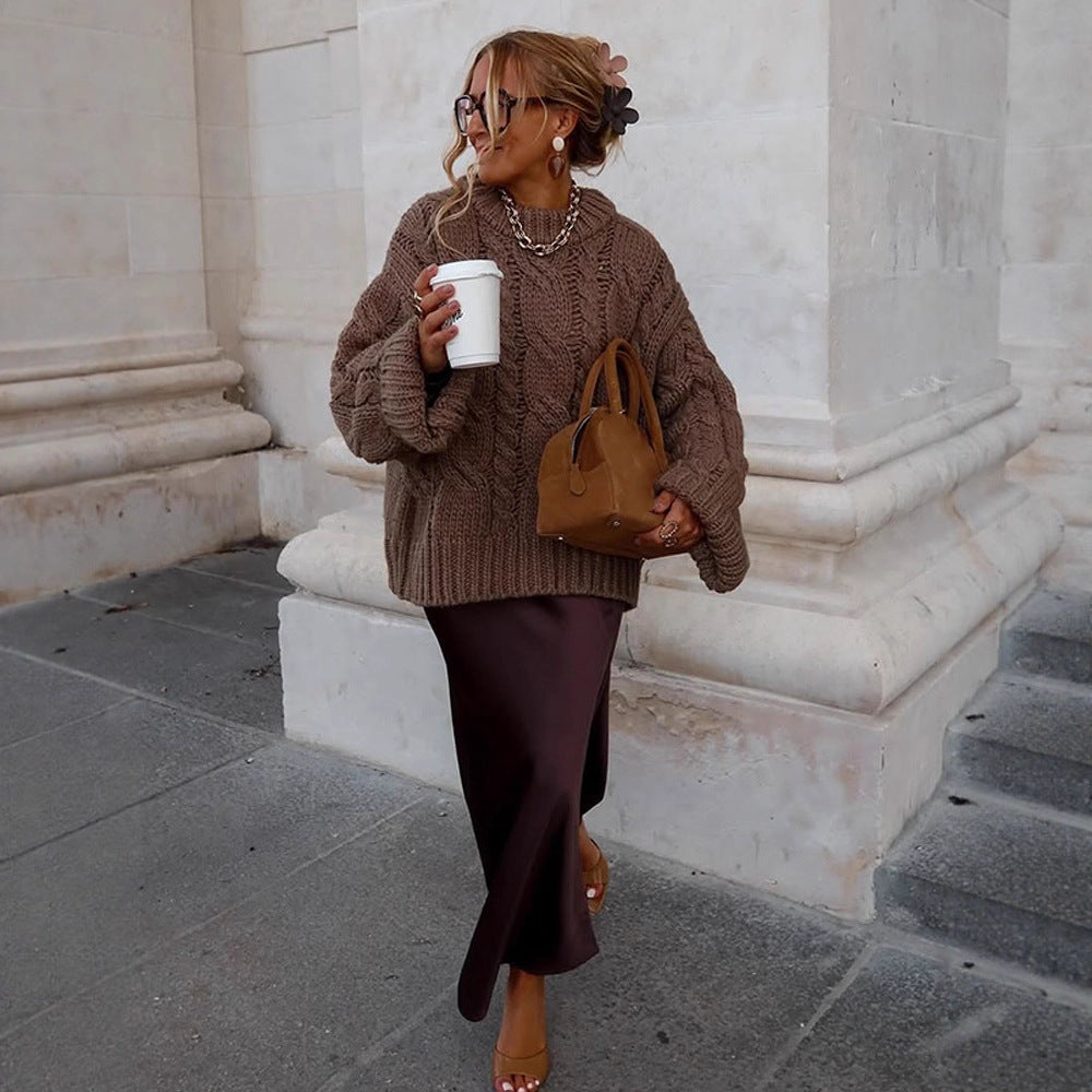 Women's Oversize Chunky Knit Sweater with Cable Knit, High Collar and Extended Sleeves Chichicherry