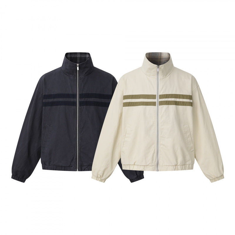 Unisex short cut boxy blouson jacket with stand collar, double stripe detail and checked inner lining Chichicherry