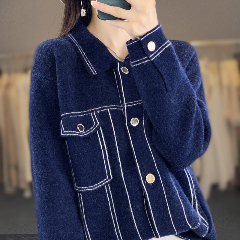 Women’s Oversized Knit Jacket in Denim Jacket Look with Contrasting Stitching Details and Chest Pocket Chichicherry