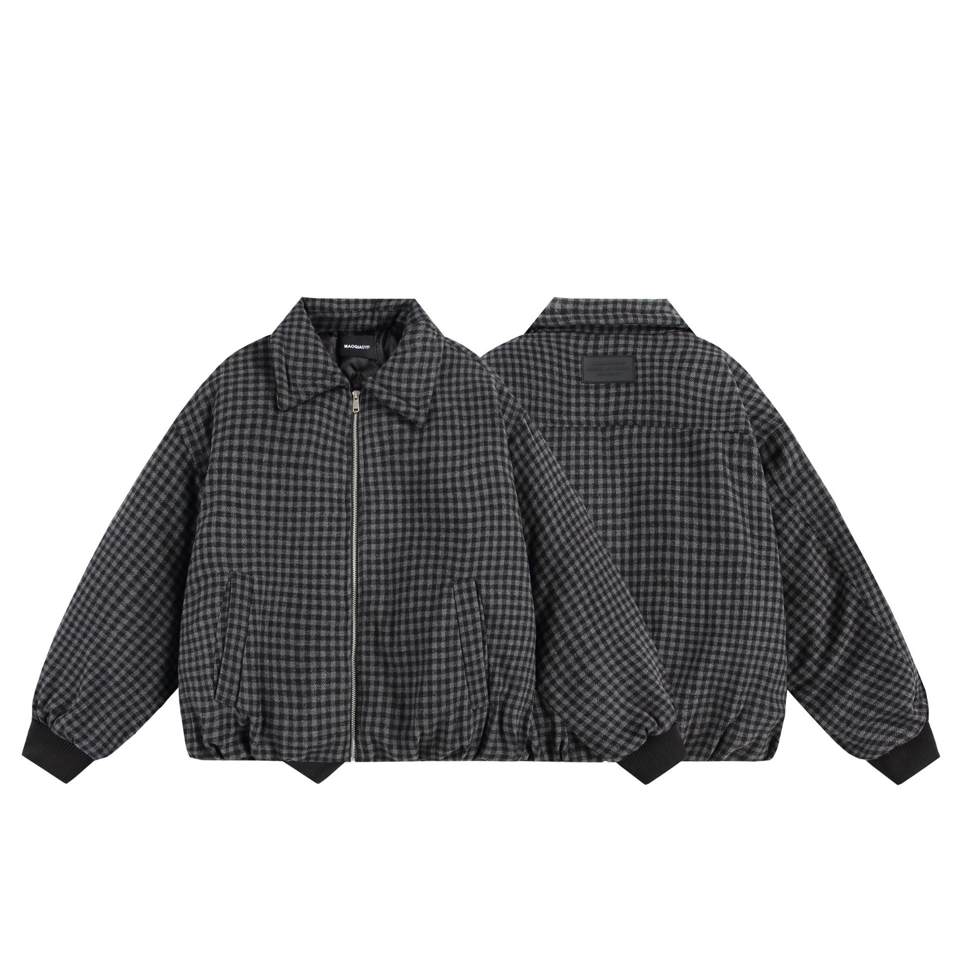 Unisex Boxy-Check Quilted Jacket with Zipper and Elastic Hem Chichicherry