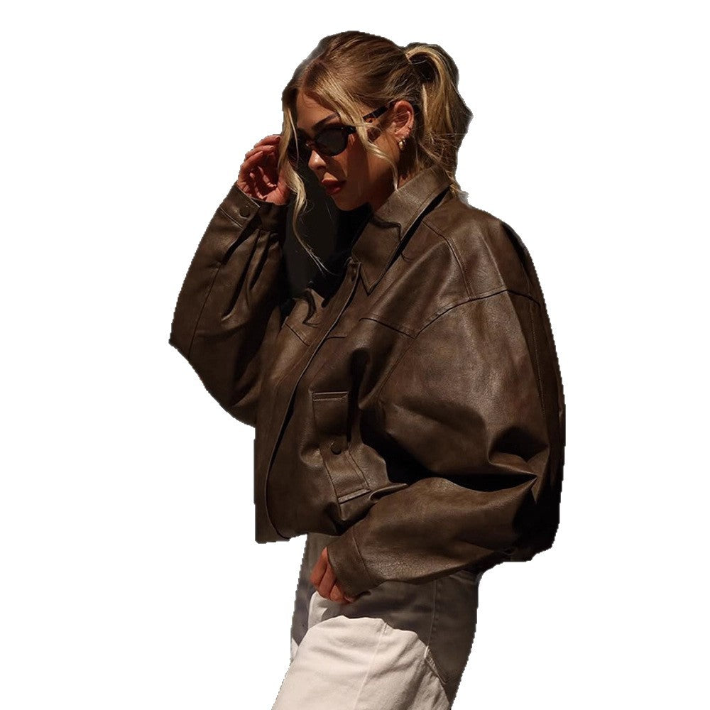 Women Boxy Cropped Faux Leather Blouson with Oversized Shoulder Chichicherry