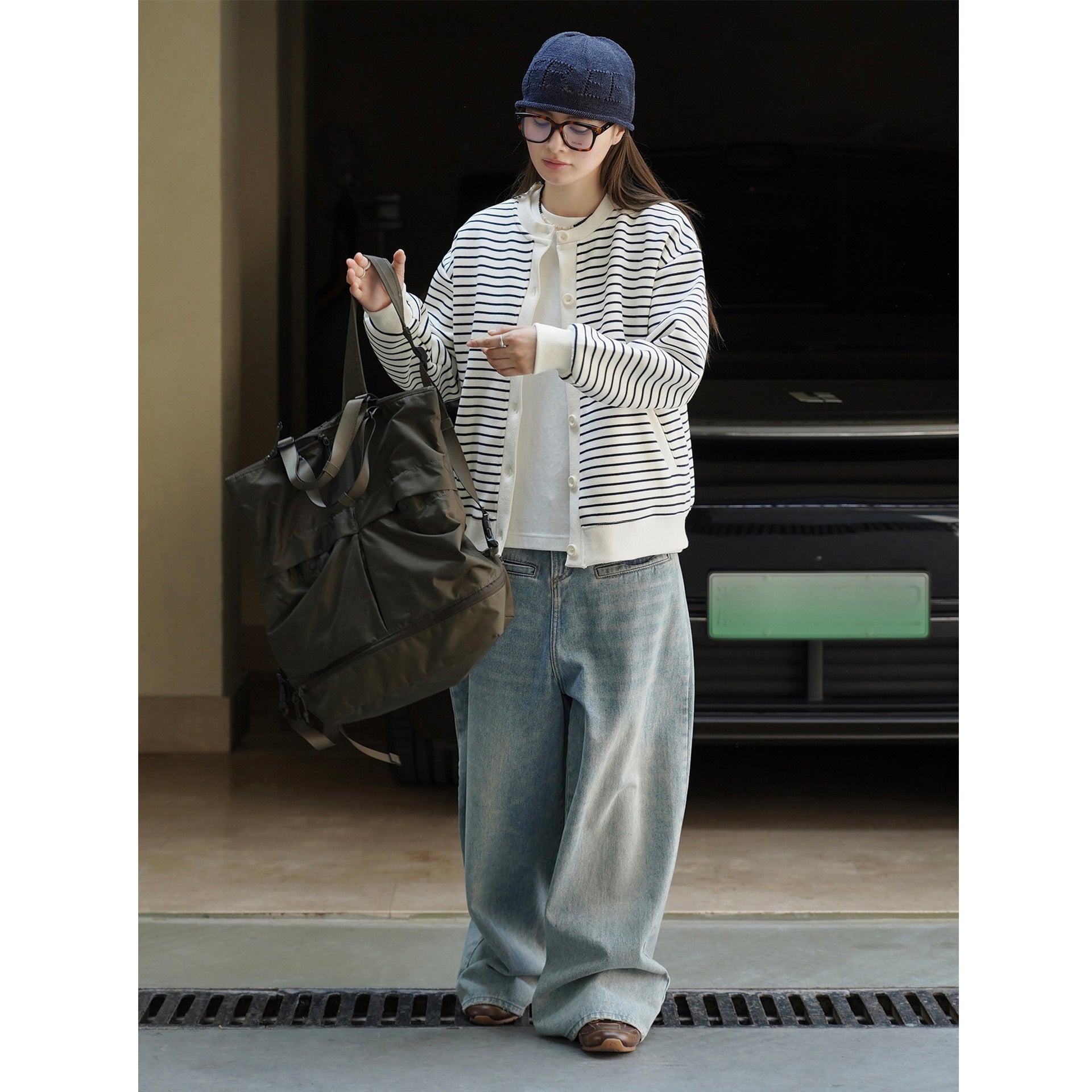 Women's Striped Knit Cardigan Jacket with Button Closure, Side Pockets and Ribbed Cuffs Chichicherry