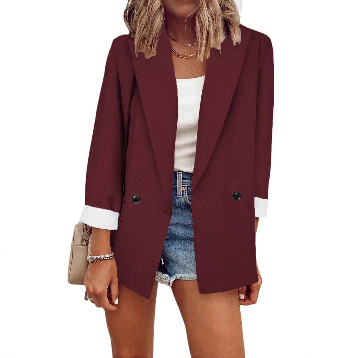 Women's Loose Longline Blazer with Rolled-Up Sleeves and Double-Breasted Button Placket Chichicherry