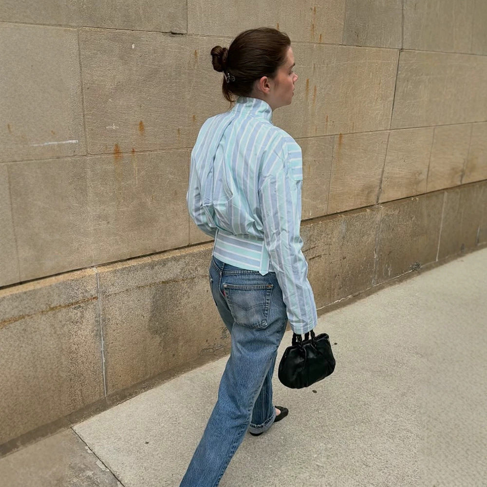 Women's Structured Blouse with Stand Collar, Waist Belt and Vertical Stripe Design Chichicherry