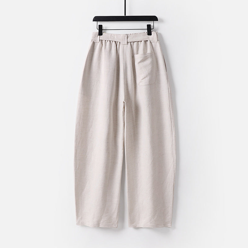 Women High-waisted wide linen blend pants with pleats and fabric belt Chichicherry