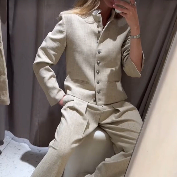 Women's stand collar jacket with metal buttons and wide pleated trousers Chichicherry