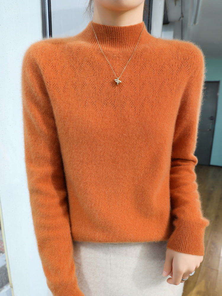 Women's Slim Minimalist Stand Collar Fine Knit Sweater with Ribbed Neck Chichicherry