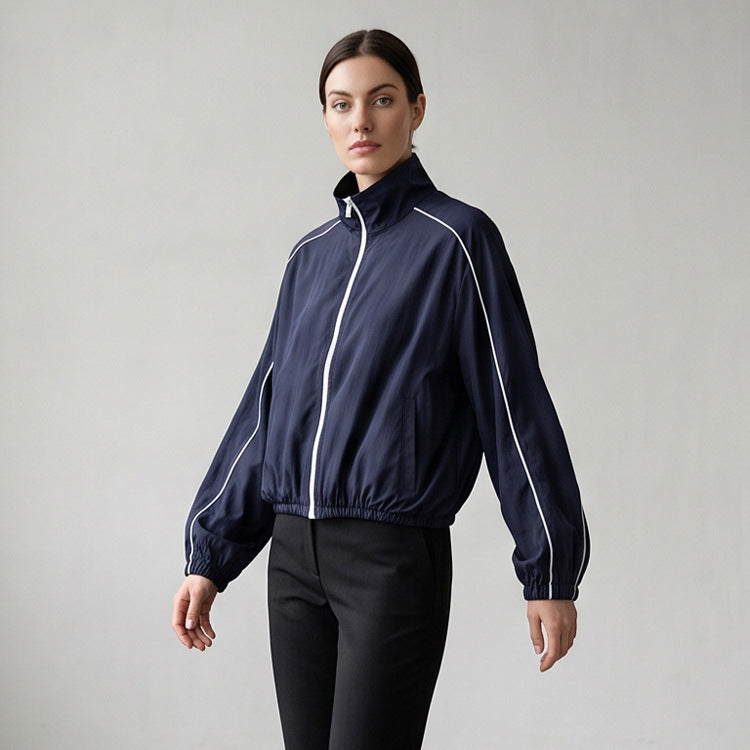 Women's Lightweight Sports Track Jacket with Stand-up Collar, Contrast Piping and Elastic Waistband Chichicherry