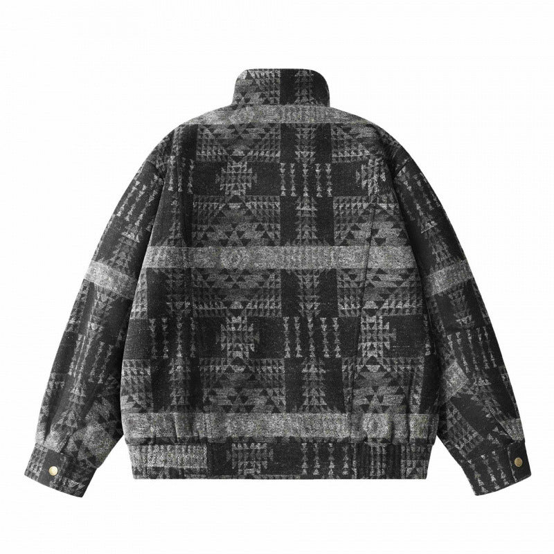 Unisex Boxy Jacquard Wool Bomber Jacket with Stand-Up Collar, Flap Pockets, and Elastic Hem Chichicherry