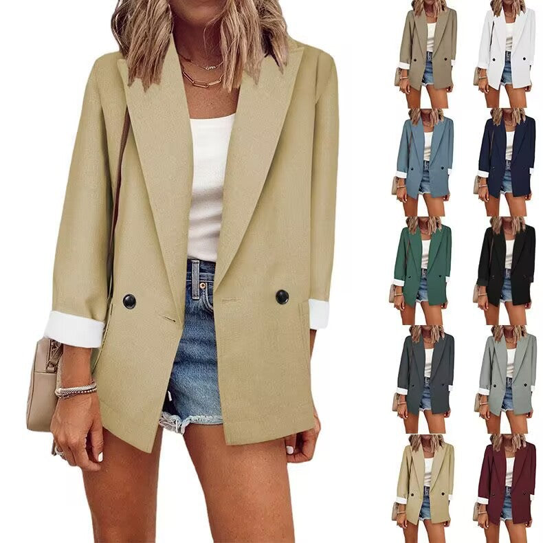 Women's Loose Longline Blazer with Rolled-Up Sleeves and Double-Breasted Button Placket Chichicherry