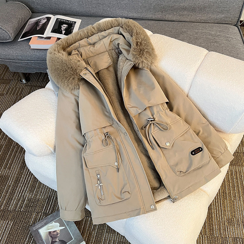 Women's nan padded parka with detachable faux fur hood, tailored drawstring, and soft teddy lining Chichicherry