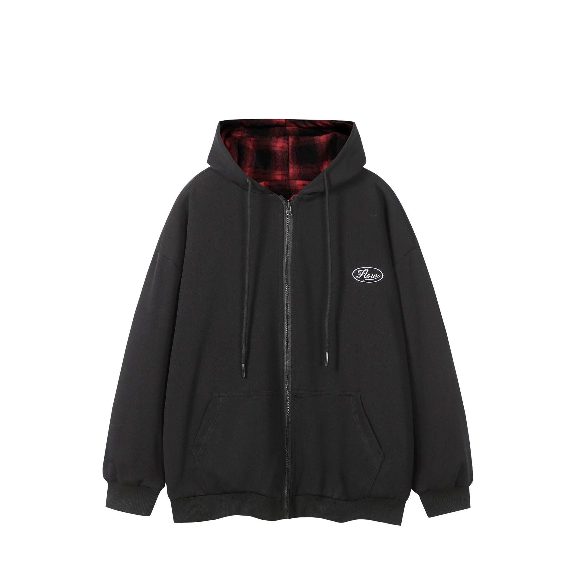 Unisex Oversize Hoodie Zipper Jacket with Checkered Hood Lining and Kangaroo Pockets Chichicherry