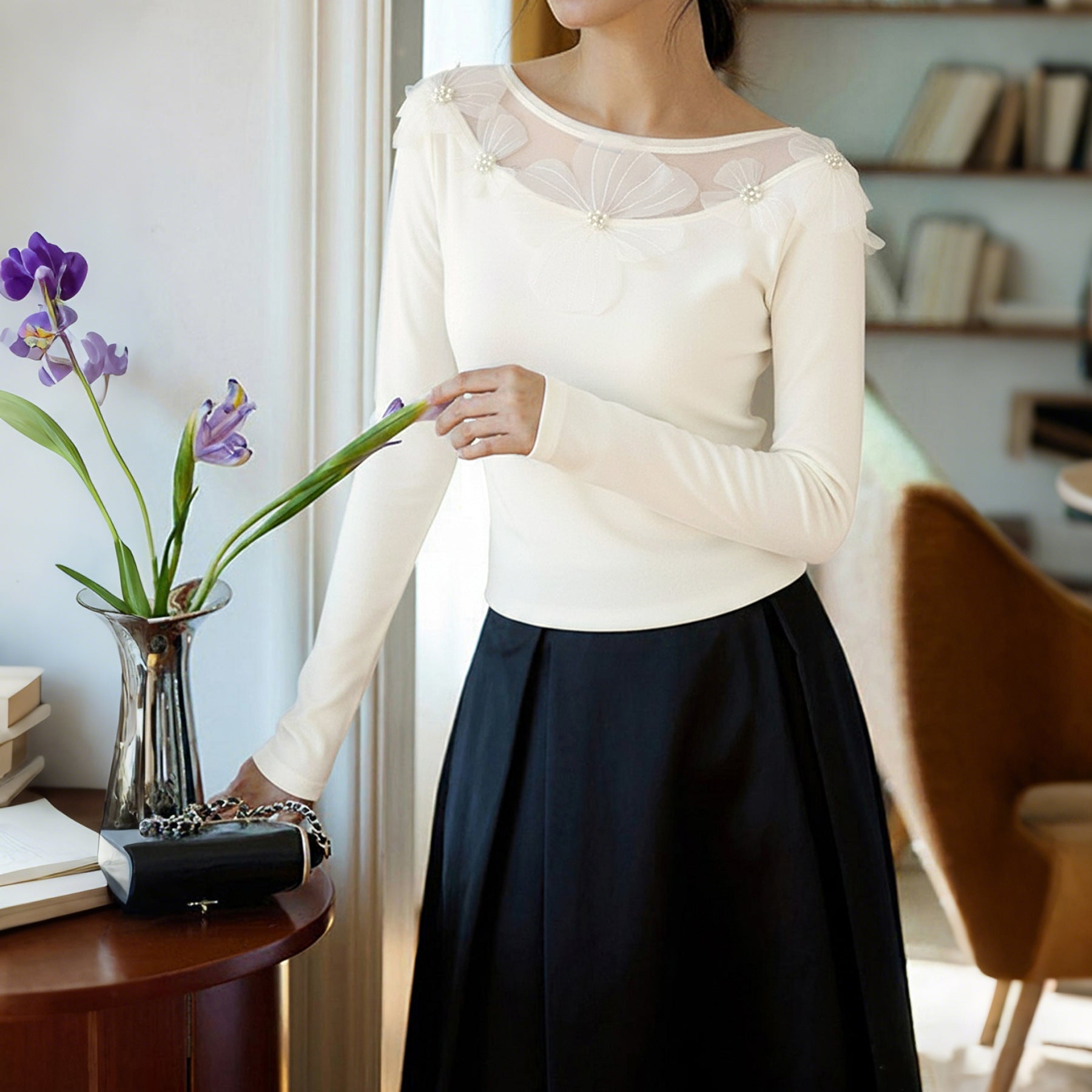 Ladies Elegant Long Sleeve Shirt with Transparent Tulle Insert and 3D Flower Appliqué Chichicherry