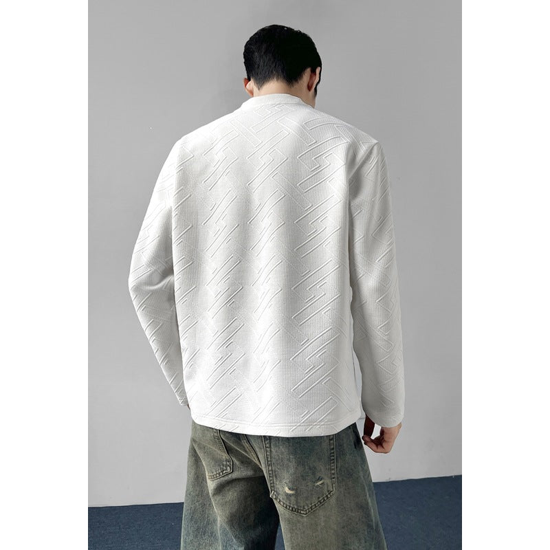 Men's Structured Long Sleeve Shirt with Stand-Up Collar and Geometric Relief Pattern Chichicherry