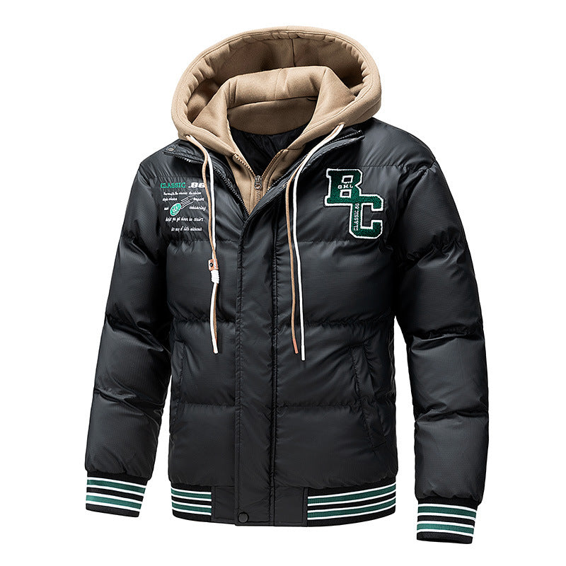 Men's Padded Quilted Jacket with Hoodie Insert and College Patches Chichicherry