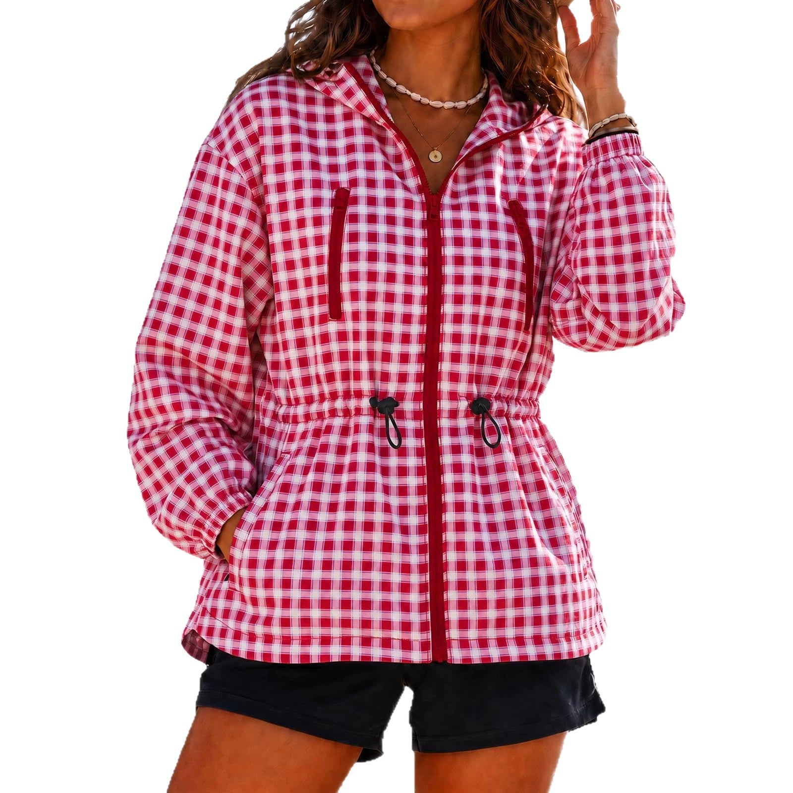 Women's Water-repellent Oversized Hooded Jacket in Check Pattern with Waist Drawstring Chichicherry