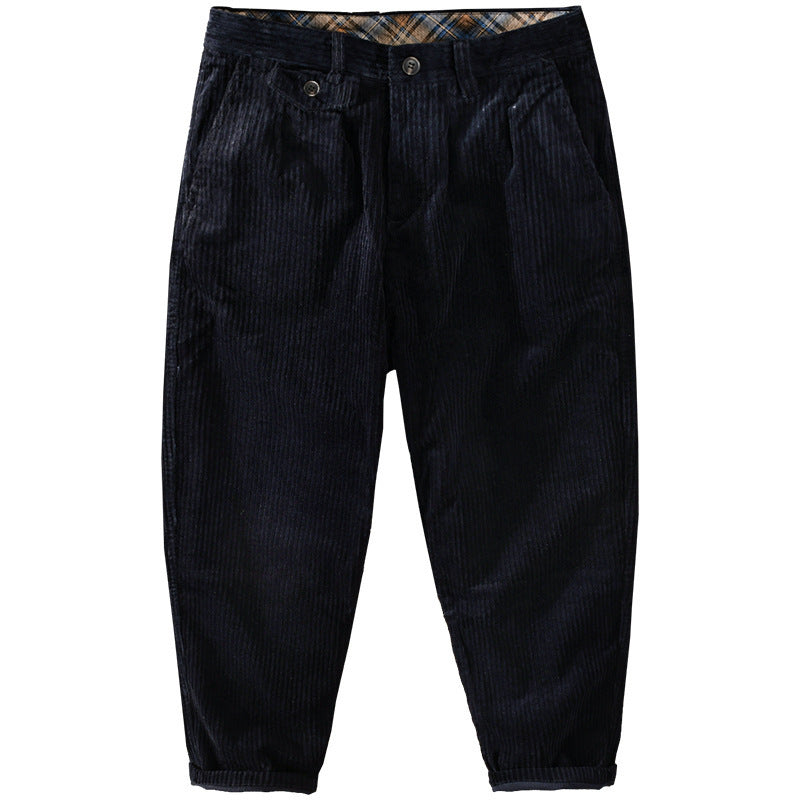 Men's corduroy pants with a tapered cut, high waistband, checked inner band, and rolled hem Chichicherry