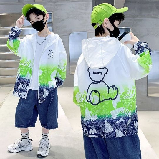 Unisex nan lightweight windproof hoodie jacket with allover graphic print and reflective accents for children Chichicherry