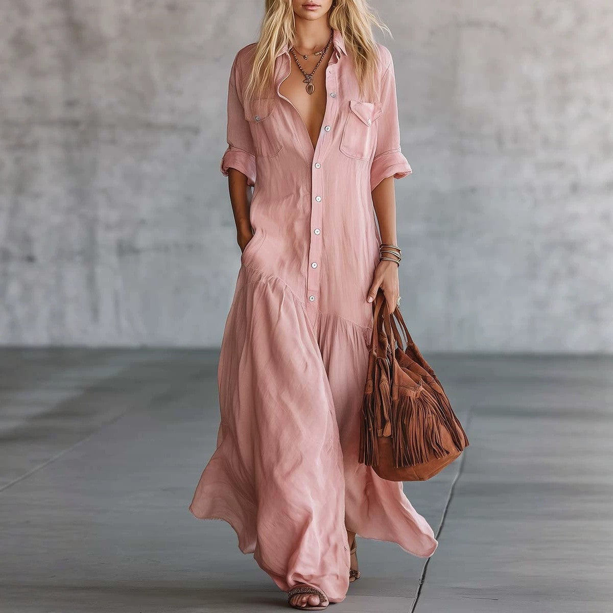 Damen Langes fließendes Hemdblusen-Maxikleid mit Knopfleiste, aufgesetzten Brusttaschen und seitlichen Eingrifftaschen Chichicherry