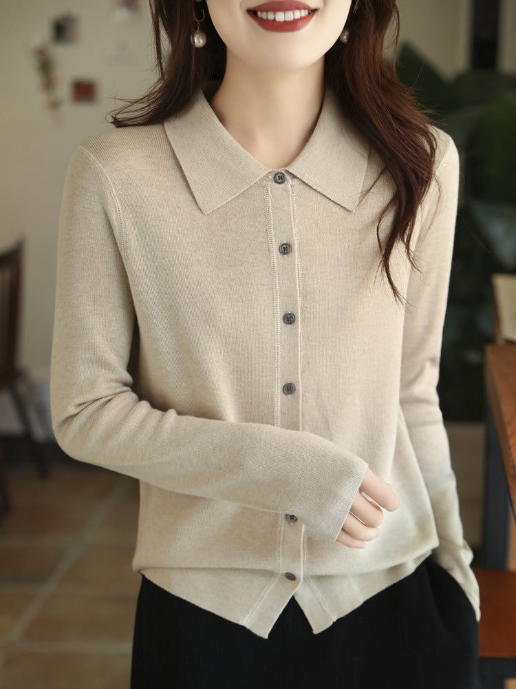 Women's Light Fine Knit Cardigan with Polo Collar and Full Button Placket Chichicherry