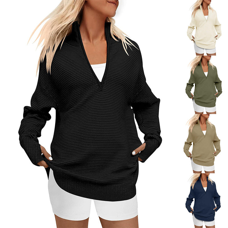 Ladies Oversized Fine Knit Sweater with Half Zipper, Stand Collar and Thumb Hole Sleeves Chichicherry