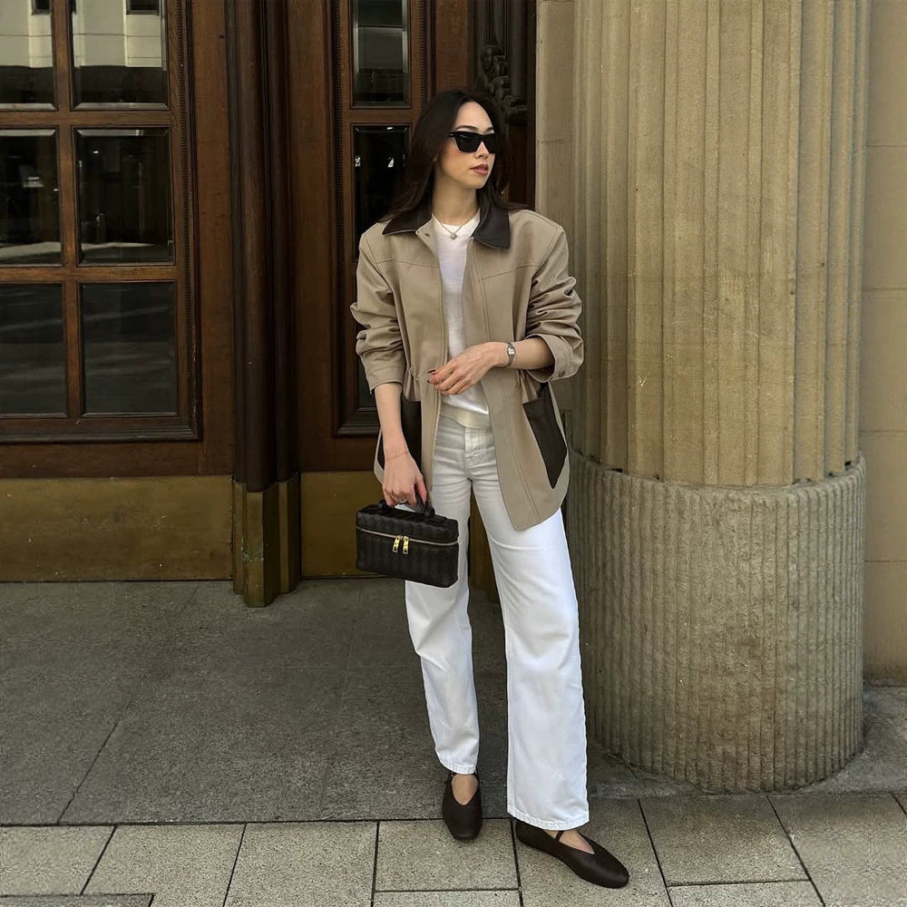 Women Boxy Field Jacket with contrast collar in leather look and appliqued pockets Chichicherry