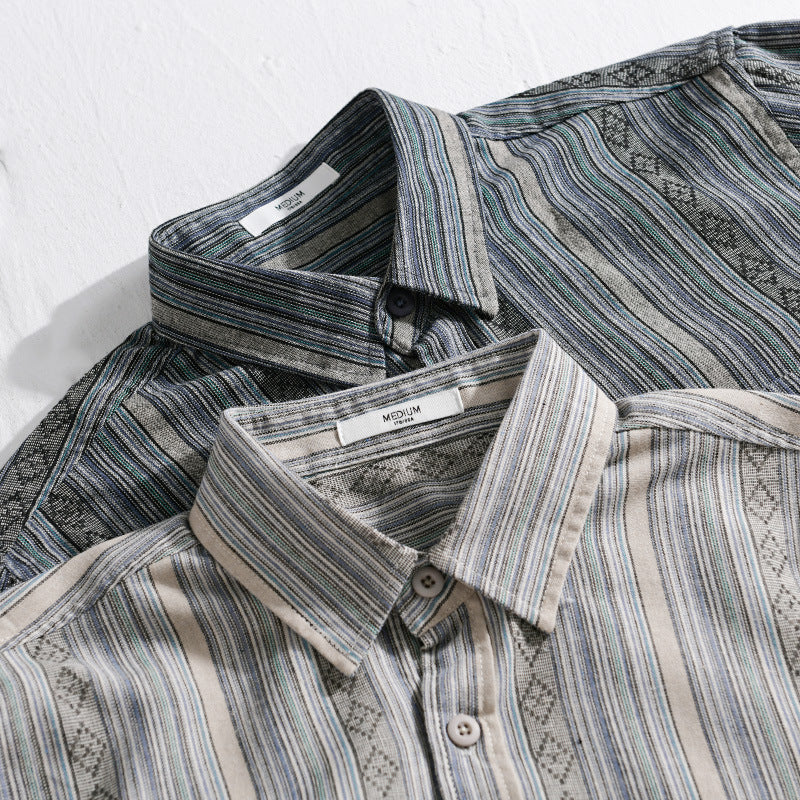 Men's Lightweight Striped Cotton-Linen Shirt in Ethnic Stripe Pattern Chichicherry