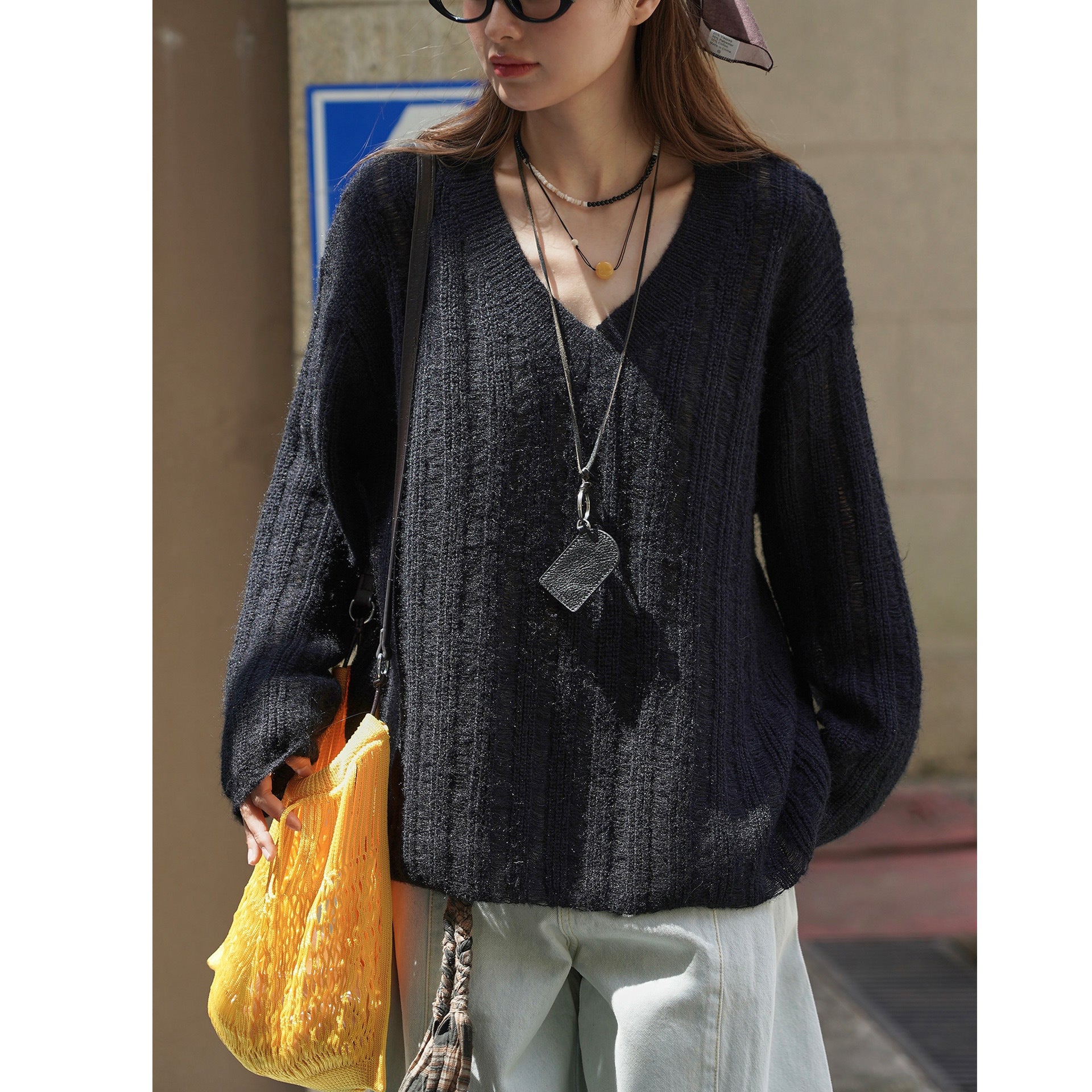 Women Casual V-Neck Sweater made of Fluffy Mix with Structured Rib Look Chichicherry