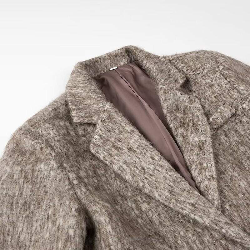 Women's Boxy Wool Blend Blazer Coat with Boucle Structure, Notched Lapel and Flap Pockets Chichicherry