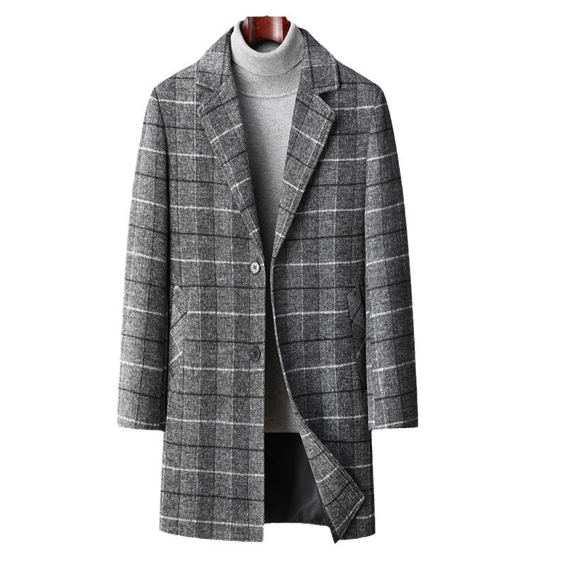 Men's Checked Wool Blend Coat Mid-Length with Notched Collar and Two-Button Closure Chichicherry