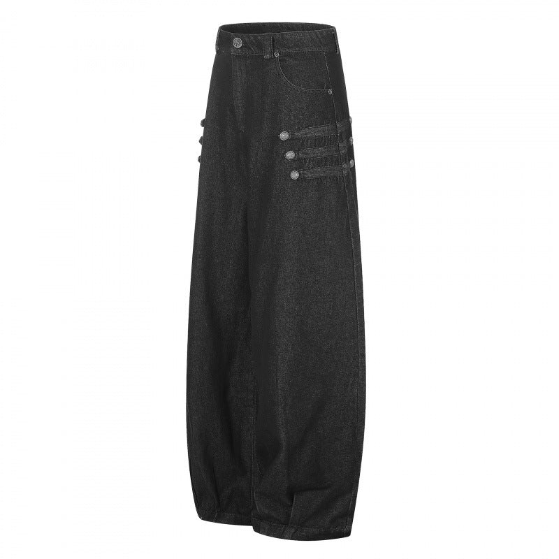 Women's high-waisted balloon jeans with wide leg, button detail and elastic hem Chichicherry