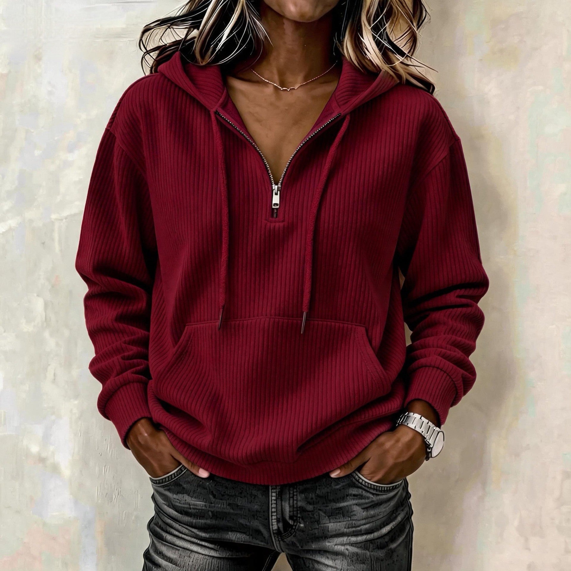 Damen Gestrickter Ripp-Hoodie mit halbem Reißverschluss, Kängurutasche und Oversize-Schnitt Chichicherry