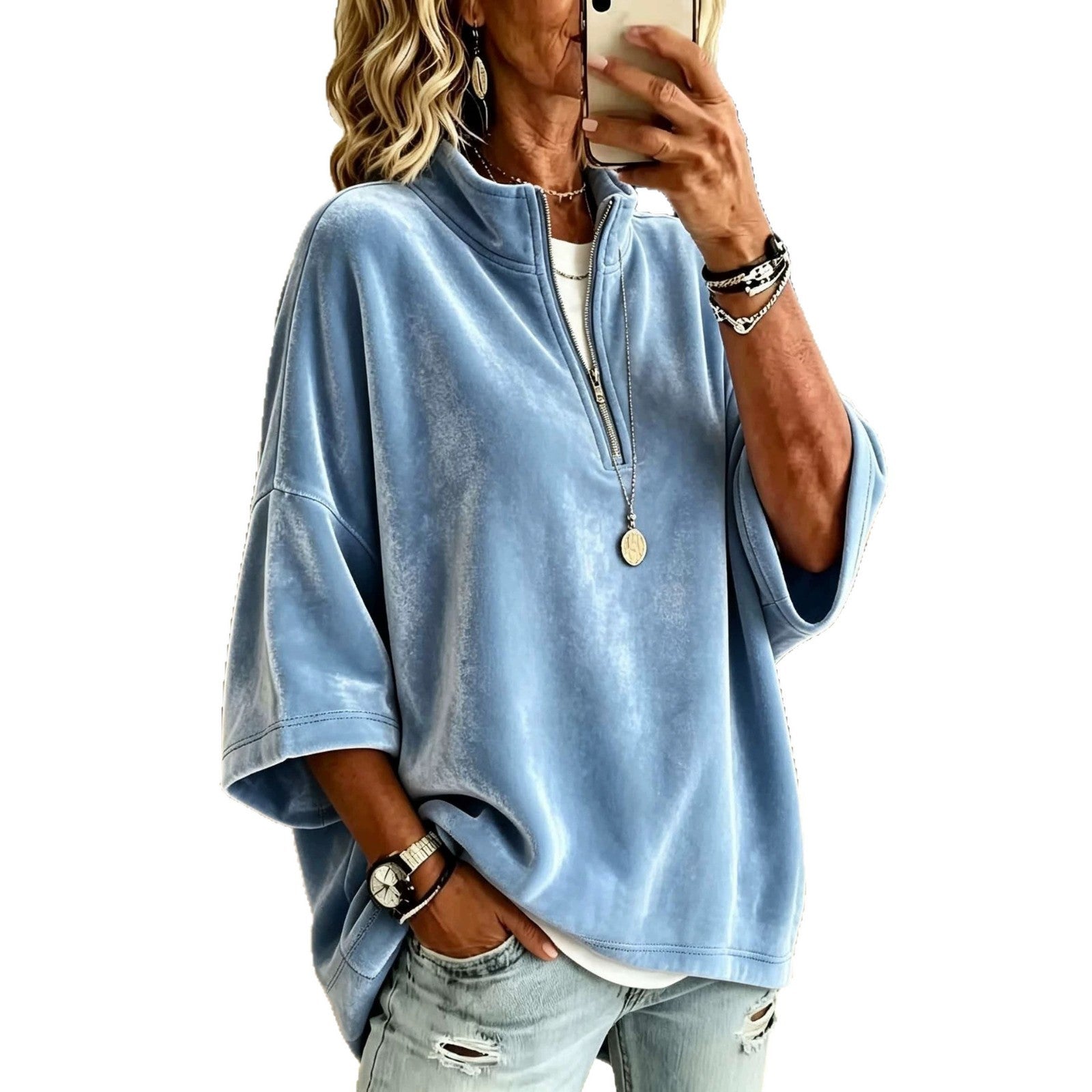 Women's Oversize Velvet Sweater with Short Zipper and Stand-Up Collar Chichicherry