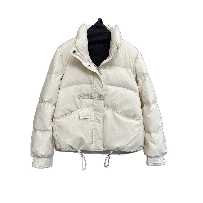 Women’s short-cut puffer jacket with high standing collar and pocket flap Chichicherry
