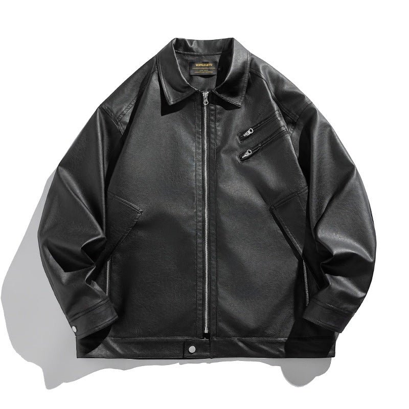 Men's short-cut boxy faux leather jacket with high collar and zipper chest pockets Chichicherry