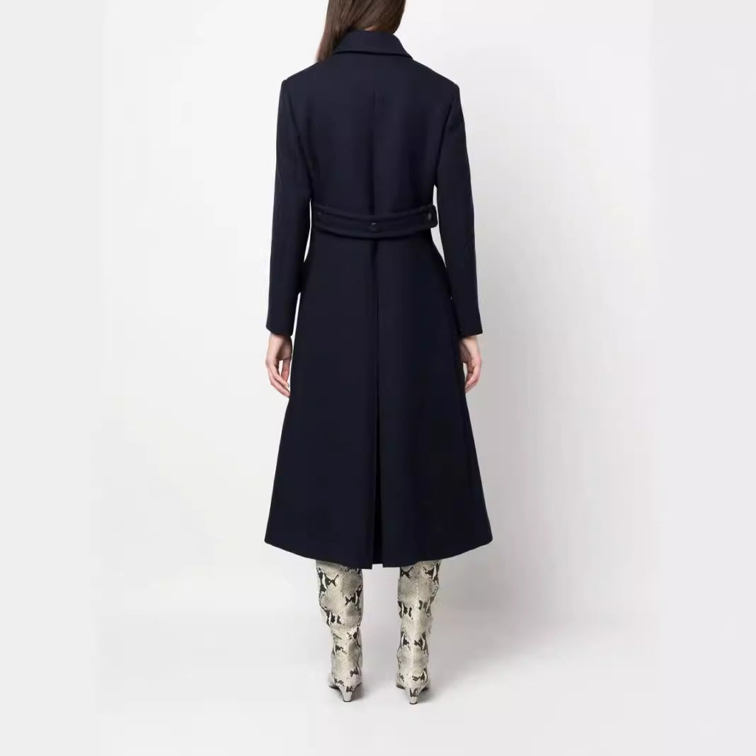 Women Double-breasted A-line Wool Blend Coat with Round Collar and Flap Pockets Chichicherry