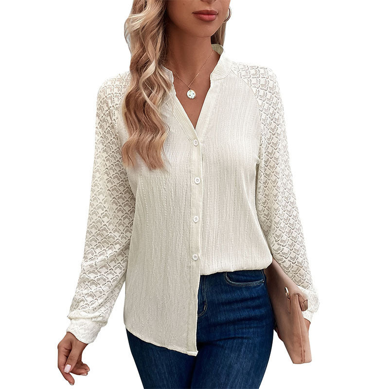 Women's lace blouse with button placket, stand collar, and crocheted raglan sleeves Chichicherry