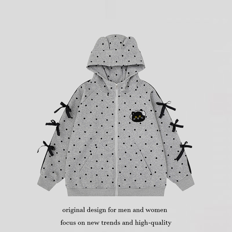 Women's hooded sweatshirt jacket with polka dot all-over, cat patch, bow sleeves and ear hood Chichicherry