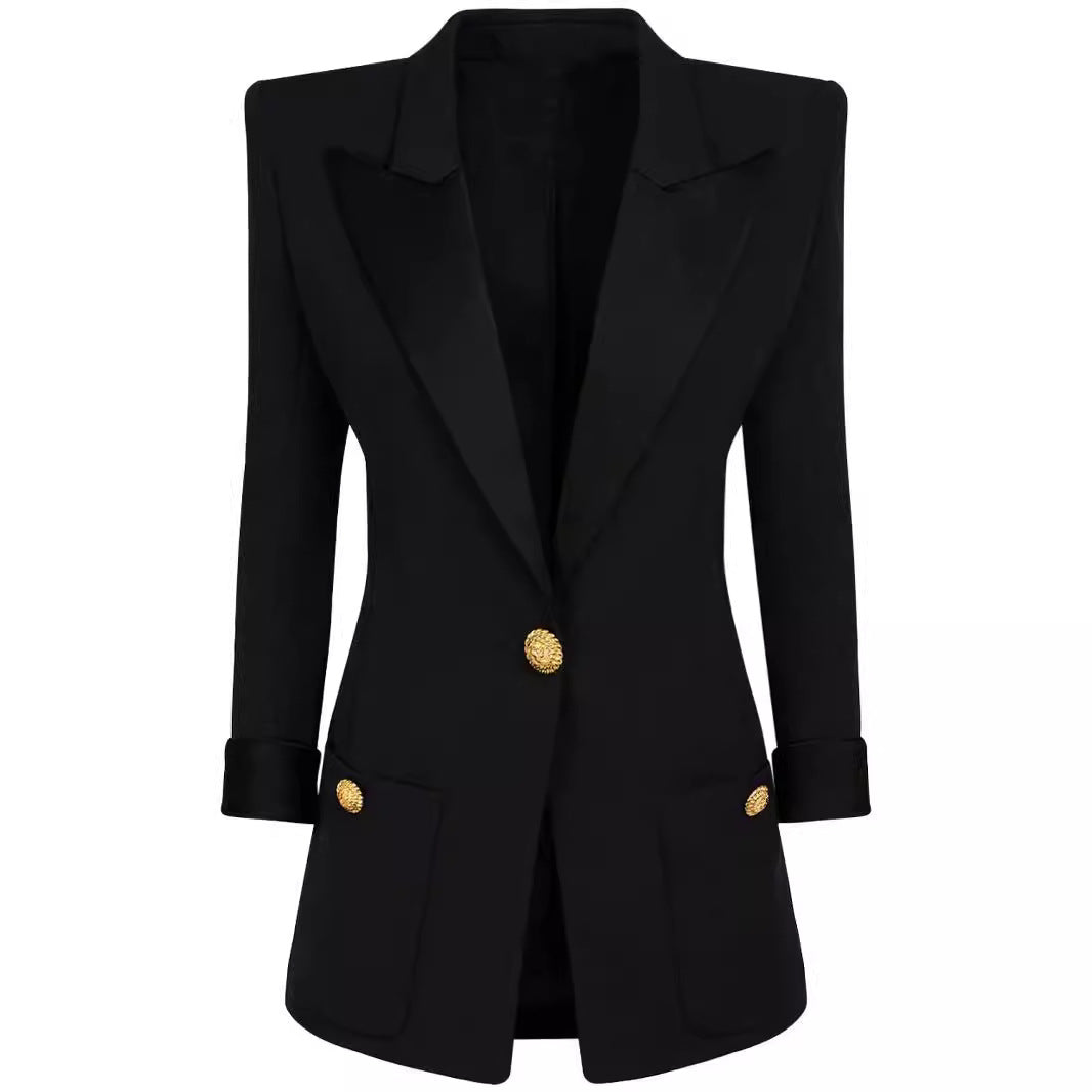 Women's Tailored Tuxedo Blazer with Satin Shawl Collar and Decorative Medallion Buttons Chichicherry