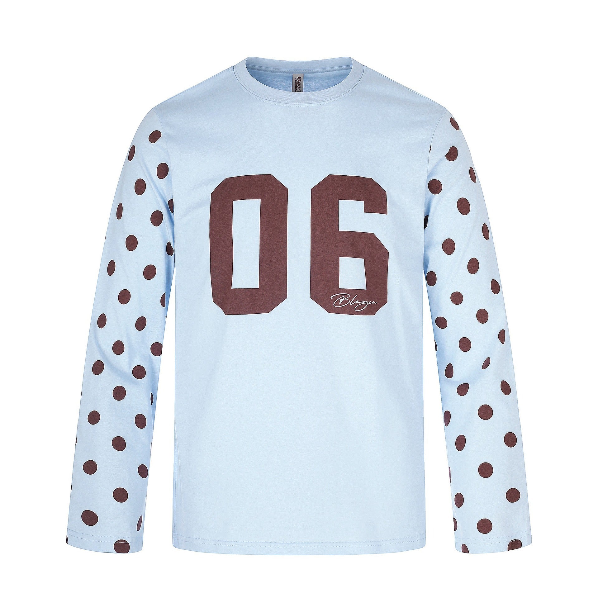 Ladies Long Sleeve Statement Shirt with Polka Dot Sleeves and Number Print Chichicherry
