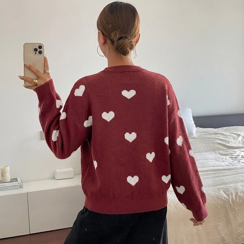 Women's round neck knitted pullover with heart jacquard and casual oversized fit Chichicherry