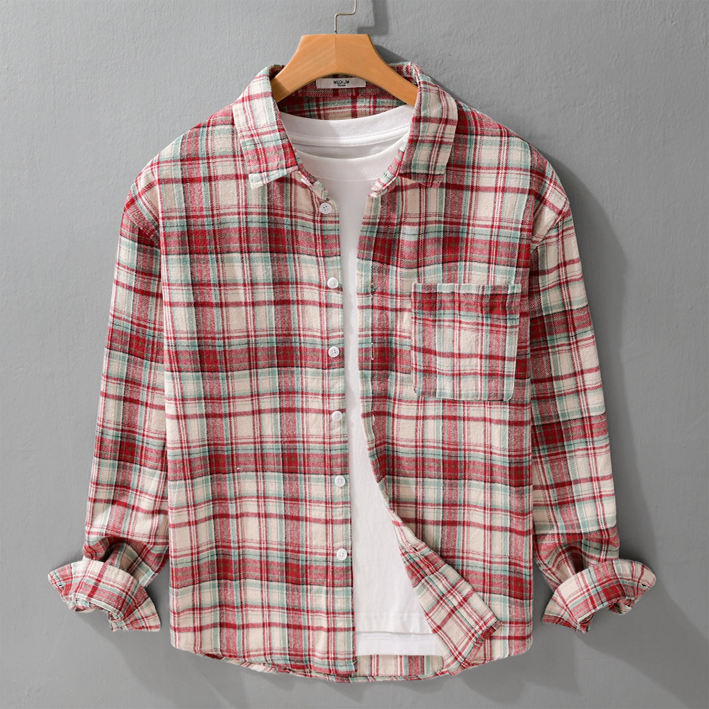 Men's Checkered Flannel Overshirt in Shirt Jacket Style with Patch Chest Pocket Chichicherry
