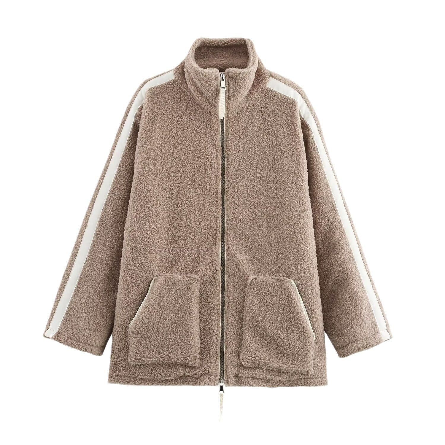 Women Teddy Fleece Jacket with Stand-Up Collar, Zipper and Contrast Stripes Chichicherry