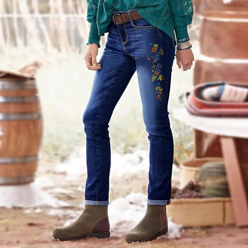 Women High-Waisted Skinny Jeans with Side Flower Embroidery Chichicherry