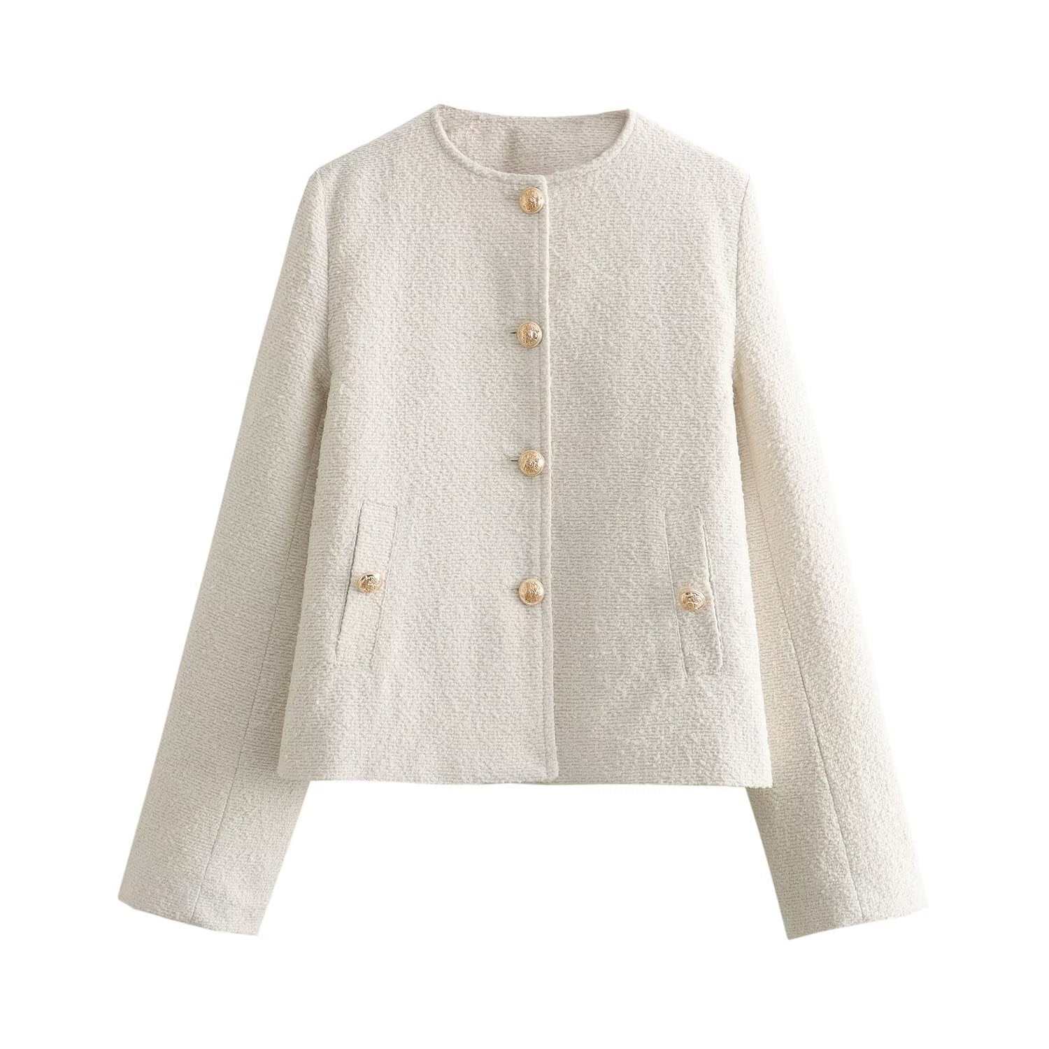 Women's Boxy Boucle Jacket with Round Neckline, Decorative Button Placket and Flap Pockets Chichicherry