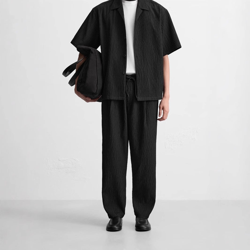 Men's Relaxed, Textured Crinkle Pants with Elastic Waistband and Drawstring Chichicherry