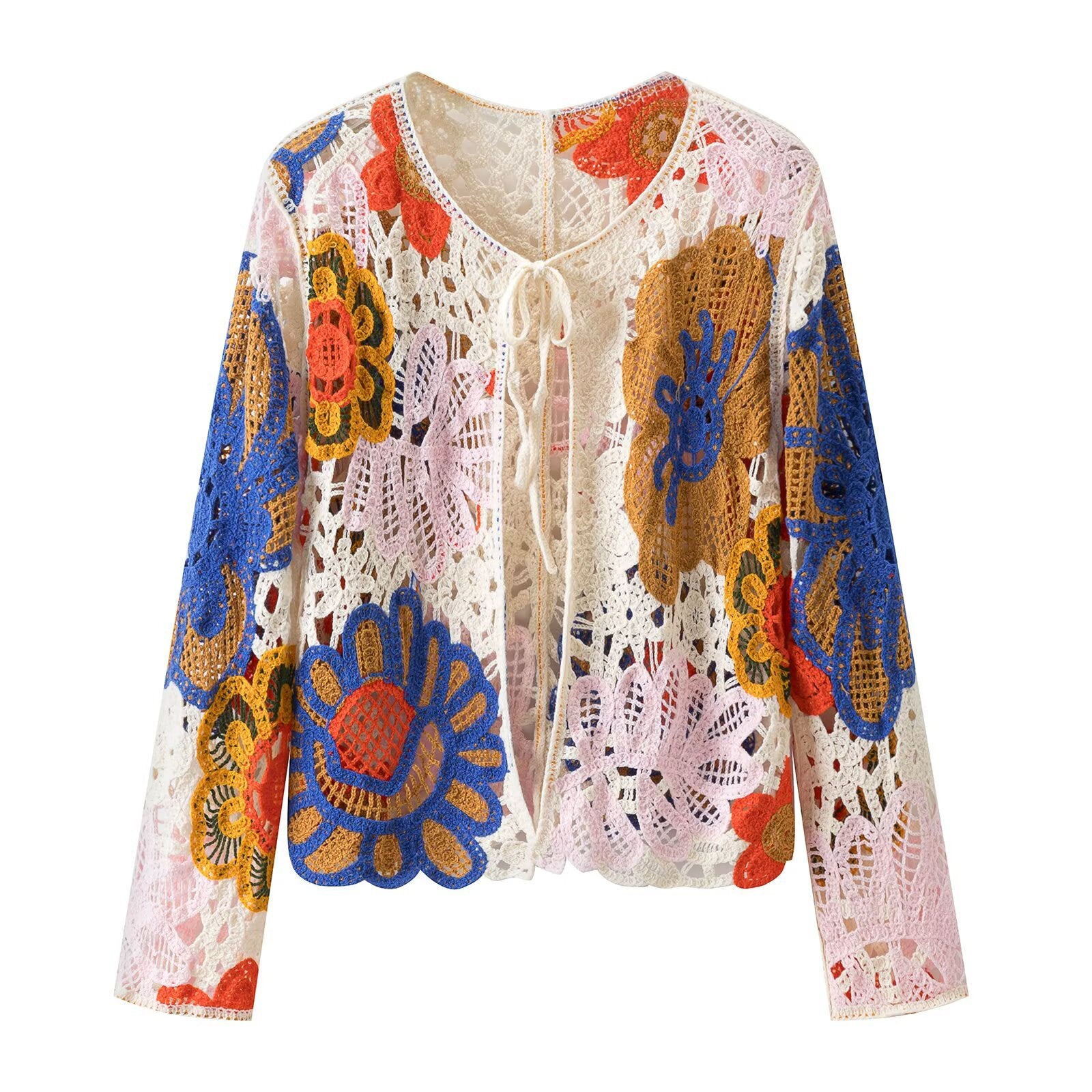 Women's Crochet Cardigan with Floral Appliqués and Tie Band Chichicherry