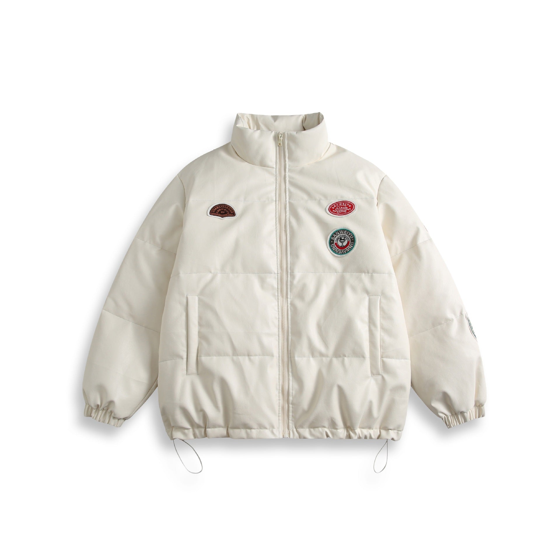 Unisex Short Cut Padded Faux Leather Puffer with High Standing Collar and Badge Details Chichicherry