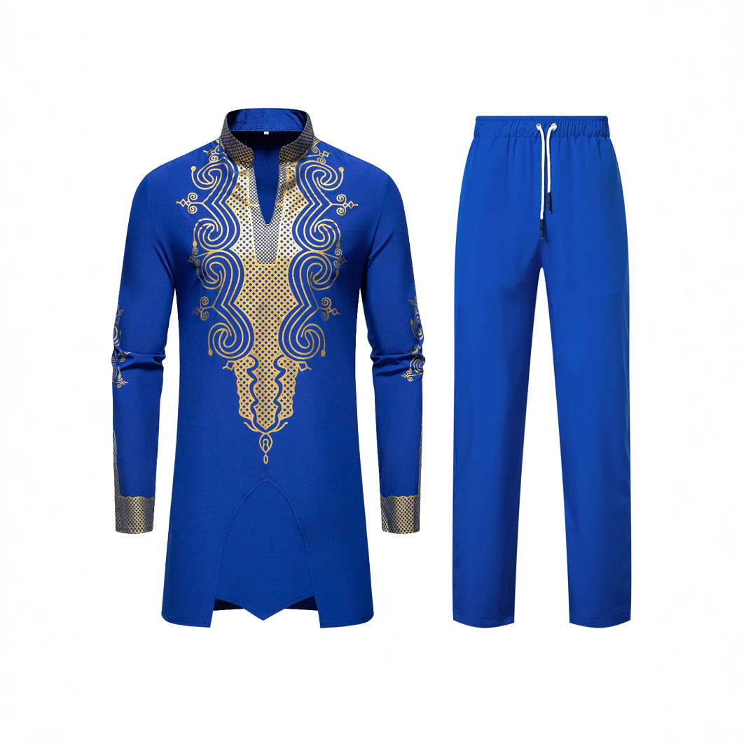 Men's Traditional Embroidered Tunic Set with Mandarin Collar and Elastic Pants Chichicherry