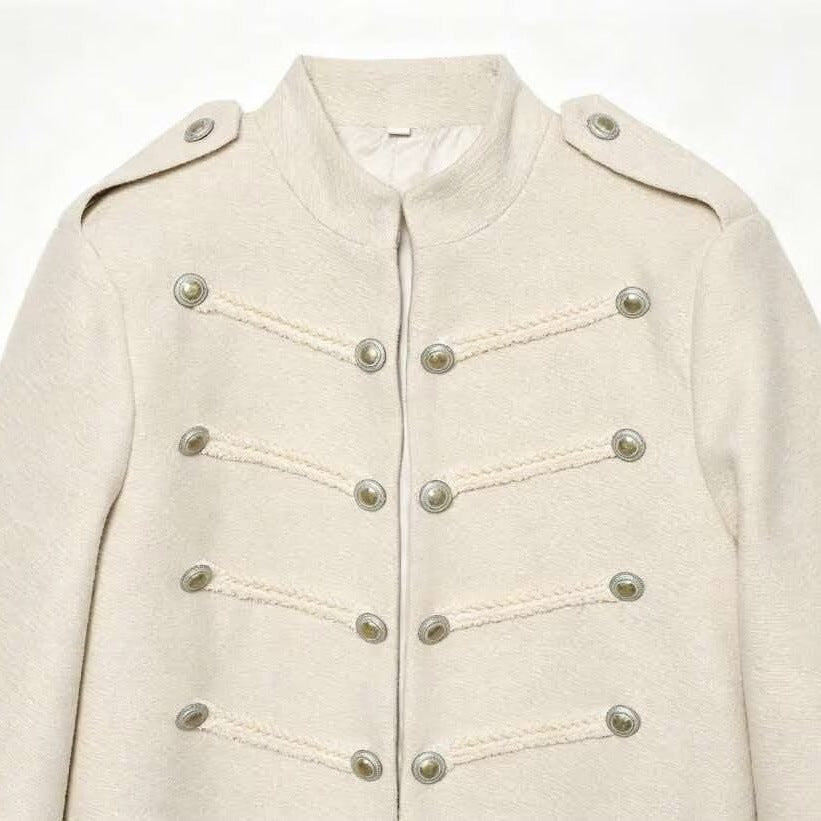 Women's short military jacket with stand-up collar, decorative cords and decorative buttons Chichicherry